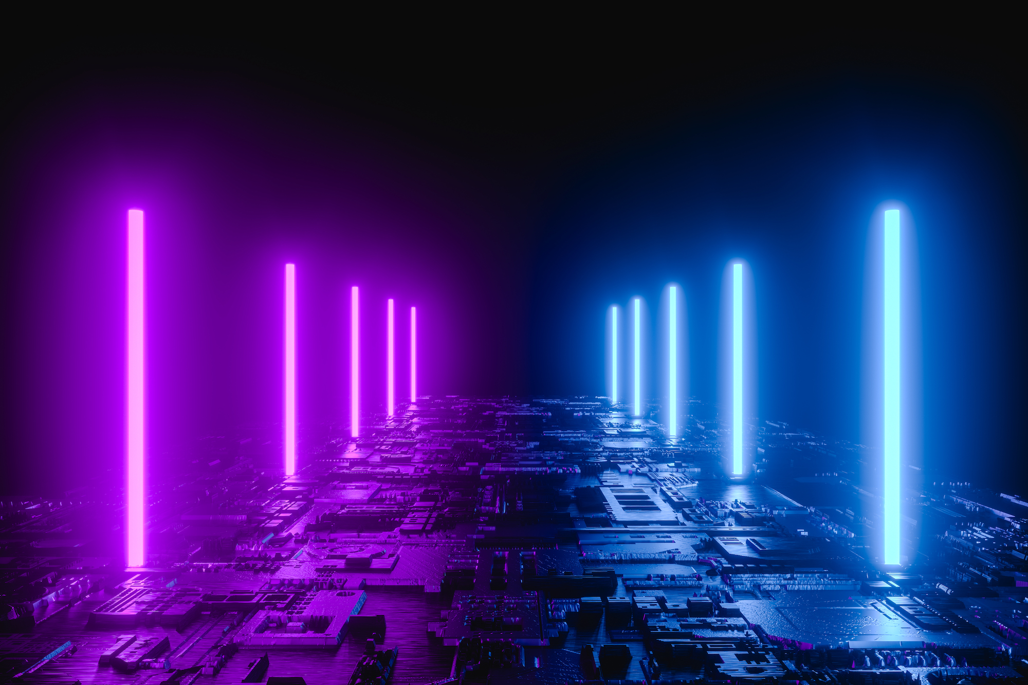 3D illustration. Futuristic corridor with blue and purple neon lights. Investing in tech
