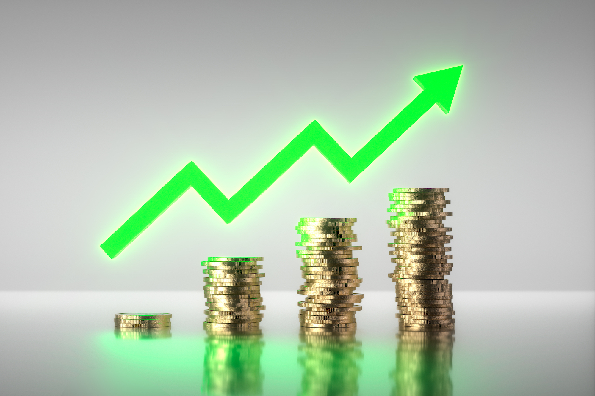 3D render. Stacks of coins with a bright green rising arrow. Marginal Gains